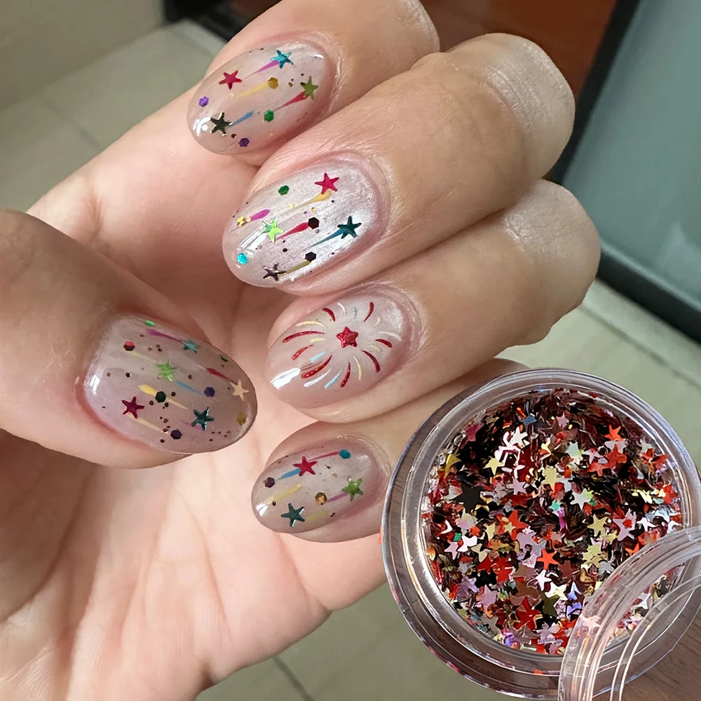 1Box Colorful Stars Nail Art Glitter Sequins 3D Holographic Mixed Pentagram Flakes Design Nail Charm Five-Pointed Star Nail Deco
