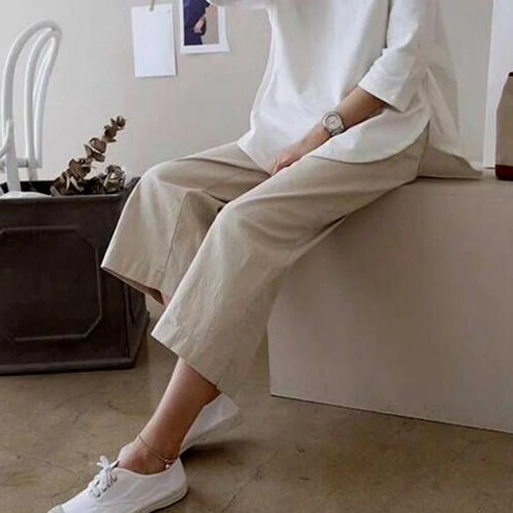 المرأة الربيع الصيف القطن الكتان السراويل واسعة الساق السيدات فضفاضة مريحة عارضة السراويل بلون مريحة Capris
