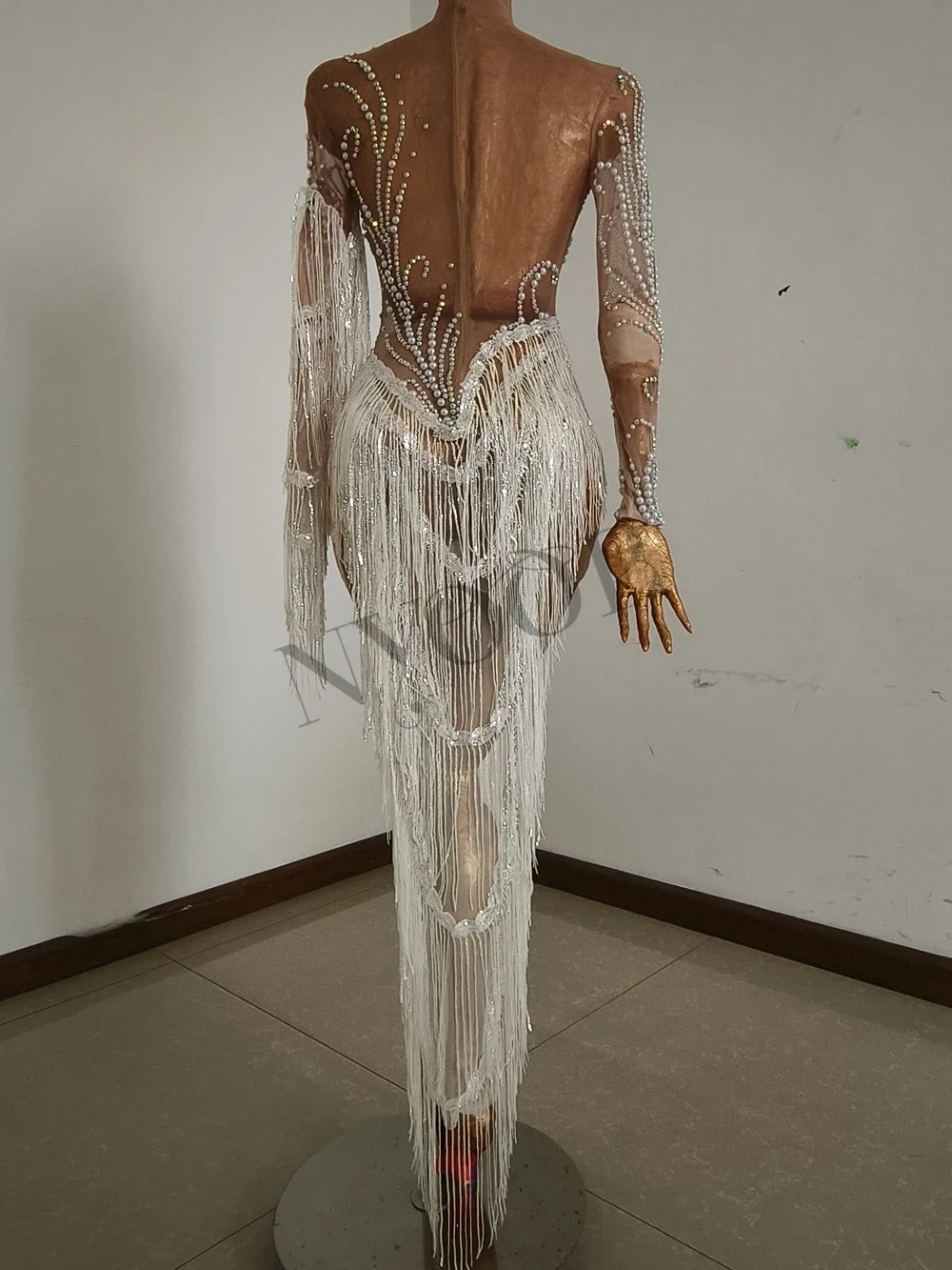 Strass scintillanti Paillettes Frange Compleanno Festeggia Abito da sera Donna Maglia sexy Trasparente Costume da ballo Servizio fotografico