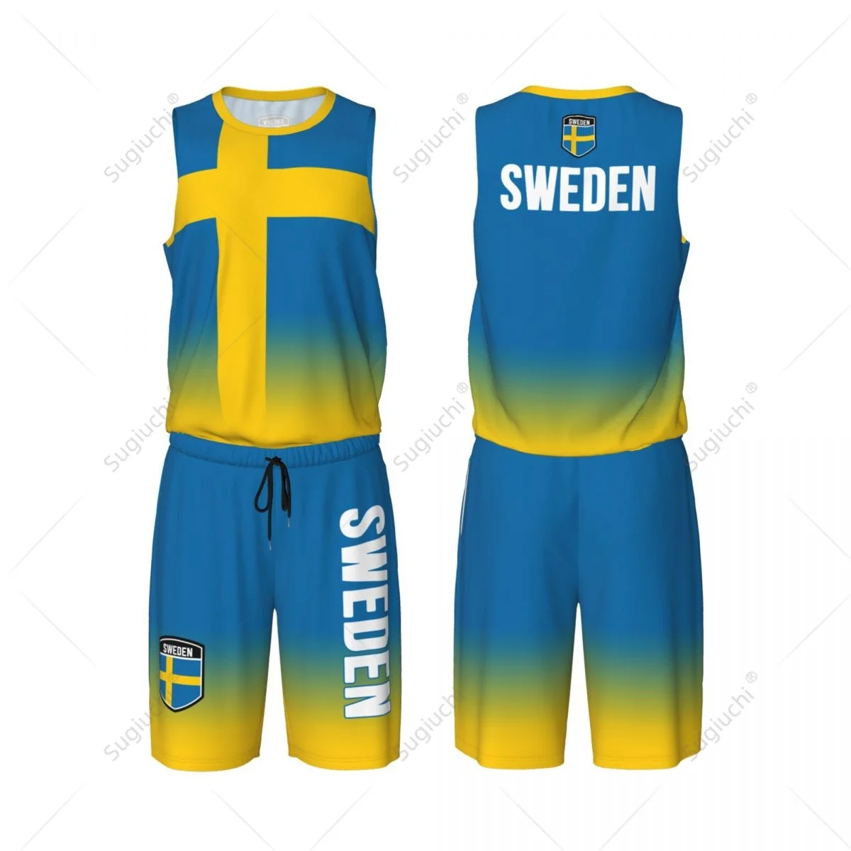 Heren Zweden Vlag Basketbal Jersey Set Mesh Shirt & Broek Mouwloos Exclusief Team-up Aangepaste Naam Nunber Unisex