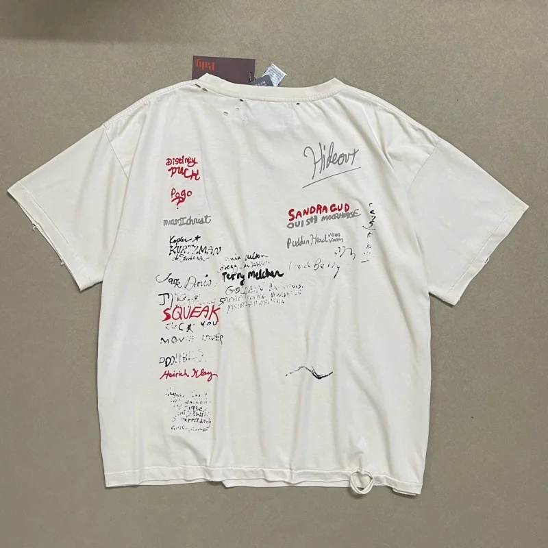 Men's American Vintage Destroyed T-shirt Paly Graffiti Sketch Print Oversized Cotton Streetwear Tee