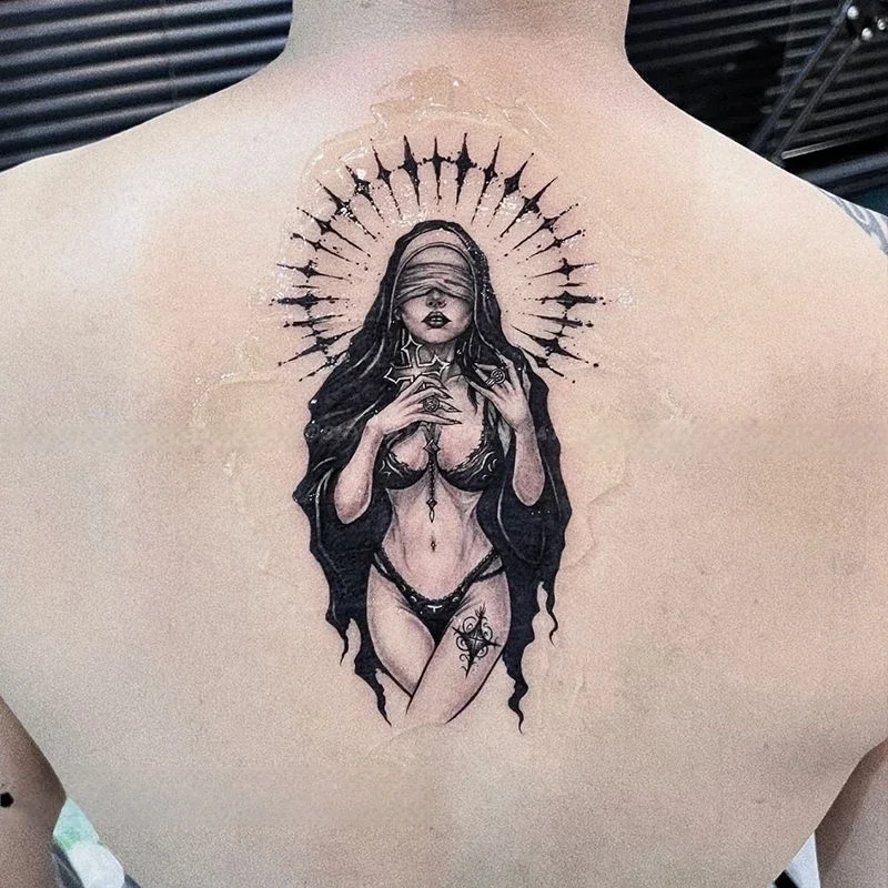 Sexy Blindfolded Nun Herbal Juice Temporary Tattoos Tattoo Body Art Bdsm Cumslut Adult Waterproof Lasting Fake Tattoo Sticker