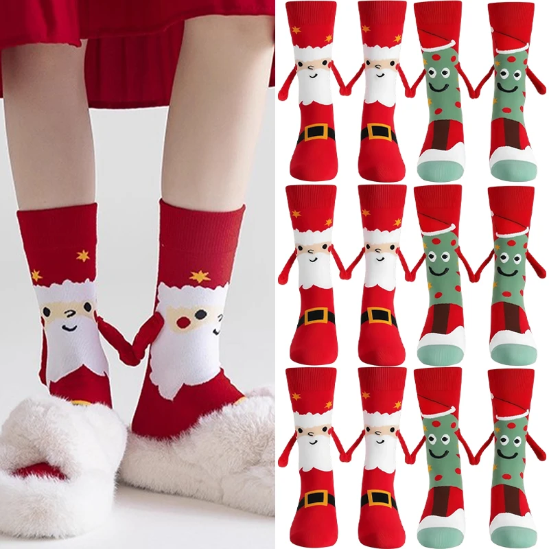 

4pcs Cute Christmas Magnetic Couple Socks Hand-in-Hand Warm Knitted Mid Calf Socks for Women Men Winter Warm Home Floor Sock