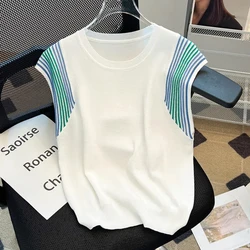 Women's Spliced Contrast Color Knitted Vest Summer Ice Silk Loose Sleeveless Korean Commute Thin Pullover Crew Neck T-shirt Tops