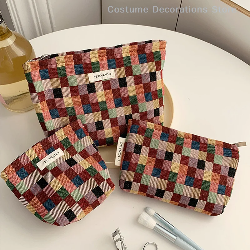 Colorful Checkered Makeup Bag Large Capacity Cosmetic Bag Lipstick Storage Bag Travel Toiletry Bag Women's Commuter Clutch