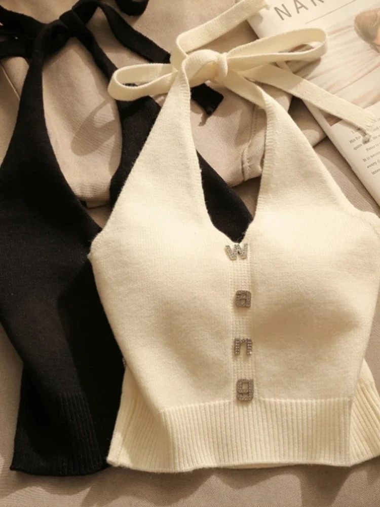 

Sexy Cross Vest Crop Tops Women Sports T-shirt Knitted Off Shoulder V-Neck Solid Backless Tank Vest Halter y2k Top Camisole 2025