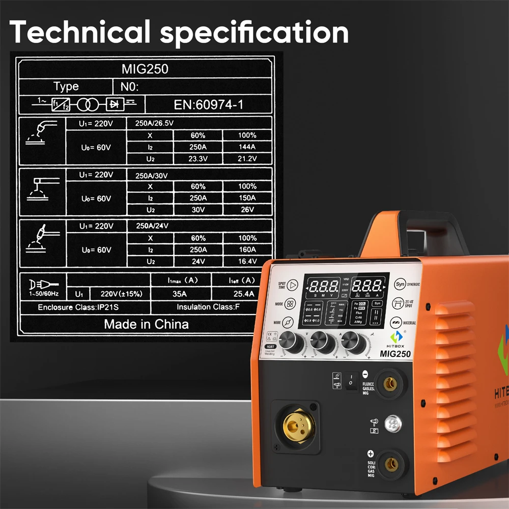 HITBOX MIG250 Aluminium-Puls-MIG-Schweißgerät 220V 250 Ampere 6-in-1 ARC MMA Stick Gas/Gaslos MIG Lift TIG Spool Gun IGBT Inverter-Schweißmaschine Großes intelligentes Digitaldisplay 2T/4T Spot Multi-Prozess-Synergisch-Schweißgerät – Detail 19