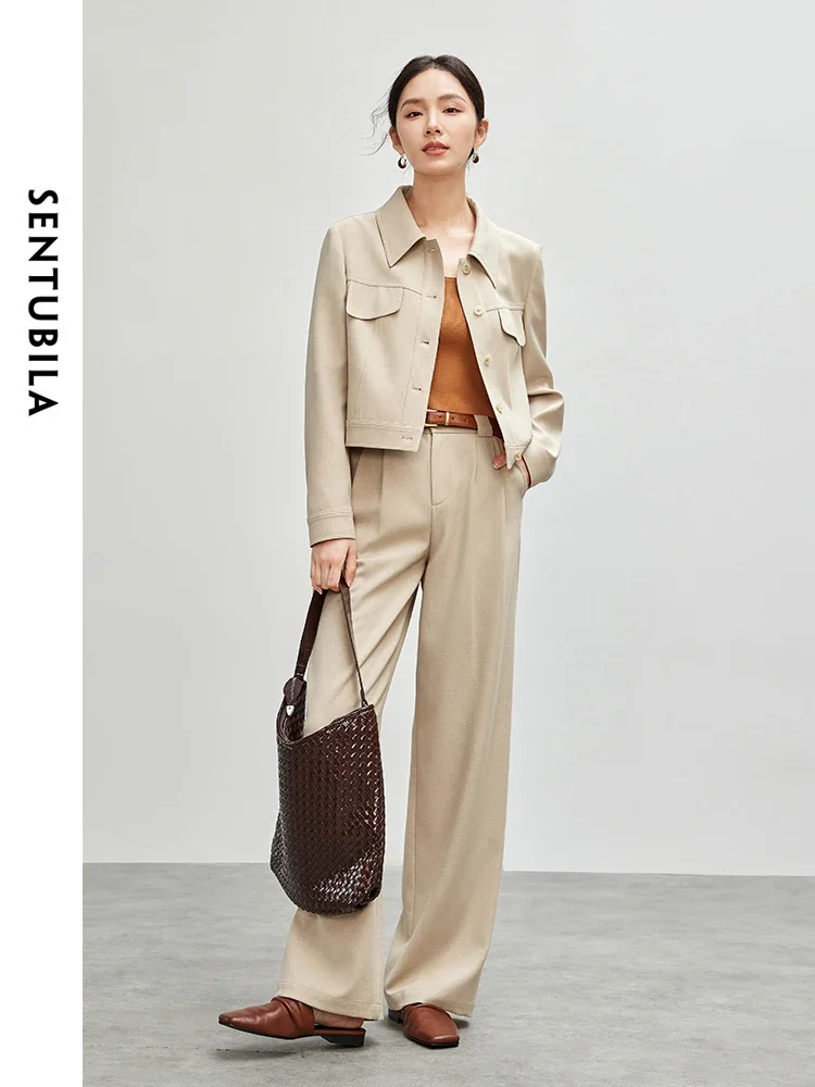 

SENTUBILA Women Linen Pants Set 2024 Autumn Simple Fashion Short Jackets Straight Folds Trouser 2 Piece Set New Sets 143Z56474