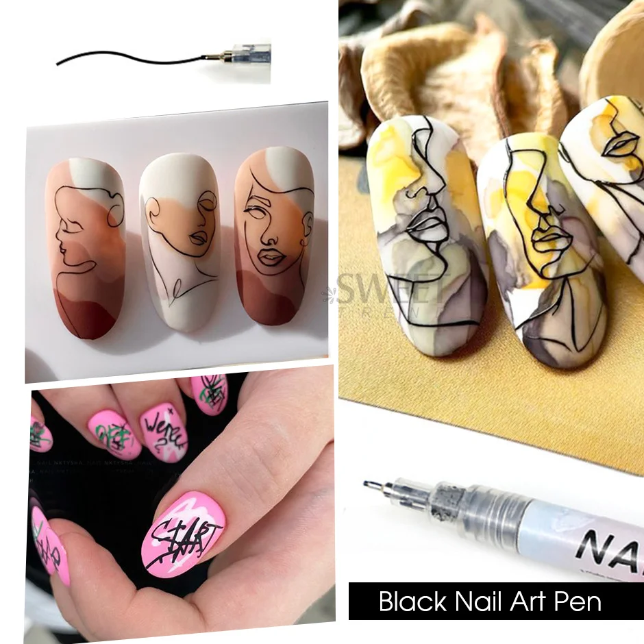 Black Nail Art Graffiti Pen for DIY Wave Line Abstract Image UV Gel Polish Waterproof Drawing Brush Manicure Accessories SAS90