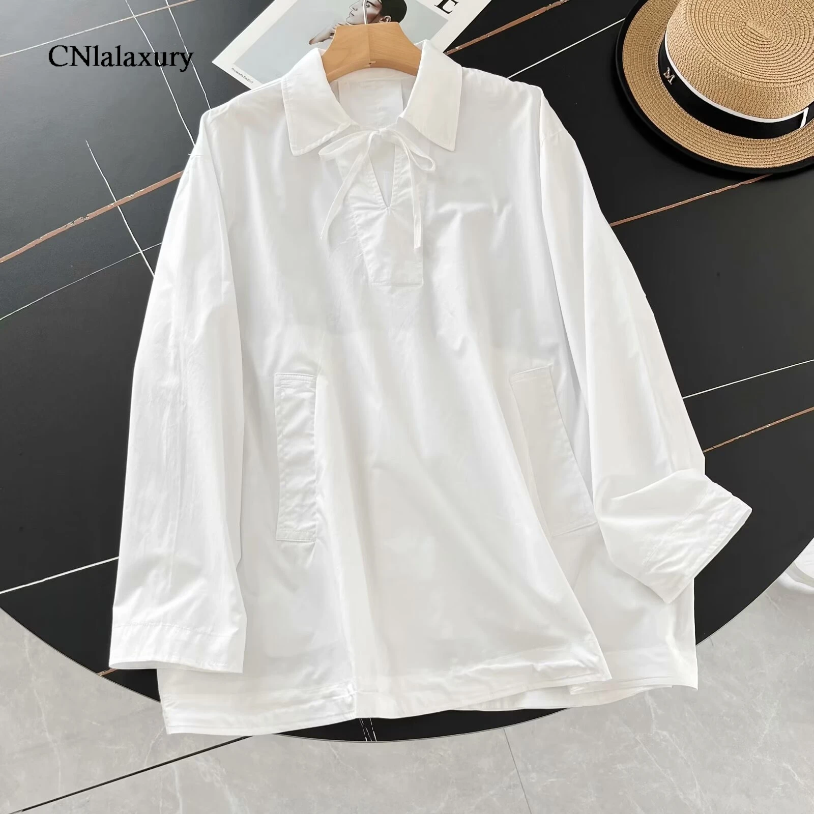 CNlalaxury  White Women\'s New Fashion Casual Shirt Blouse Pull Lapel Long-Sleeved Curved Hem Loose Shirt Blousas