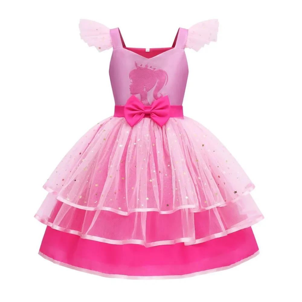 2024 European and American Girls Fluffy Princess Dress Barbie Movie Pink Cute Cake Dress Lace Cos Dress Dress