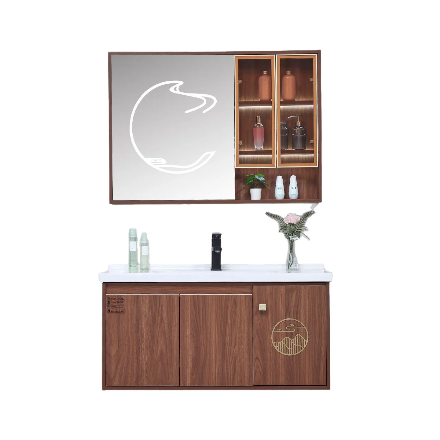 

Chinese style, ceramic, solid wood, smart, bathroom cabinet, rock slab basin, bathroom, integrated