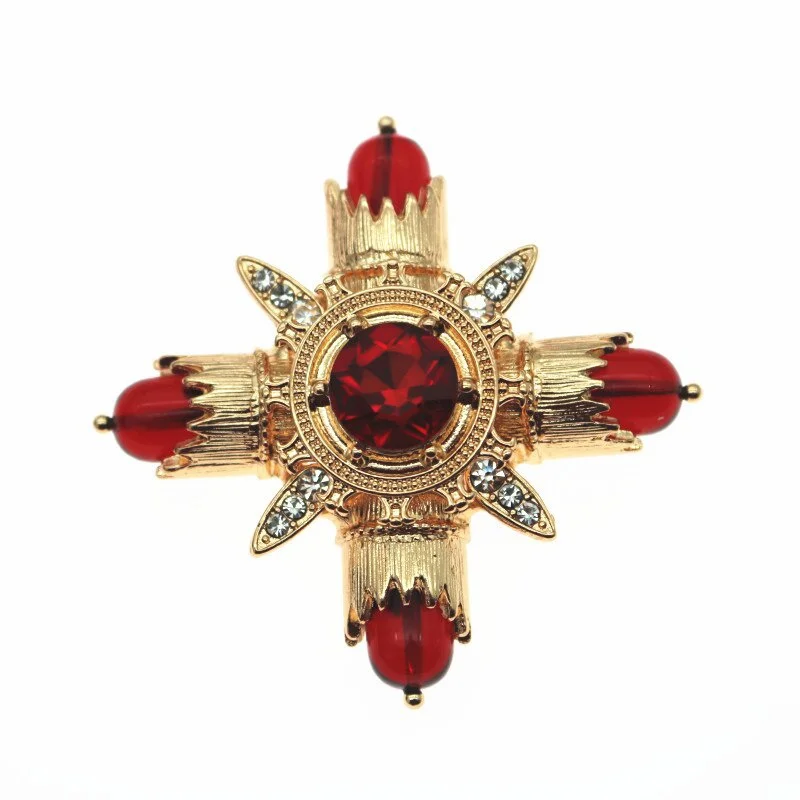 Baroque Red Rhinestone Cross Brooch Pin Metal Big Brooches for Women Vintage Pins Clothes Scarf Clip Jewelry