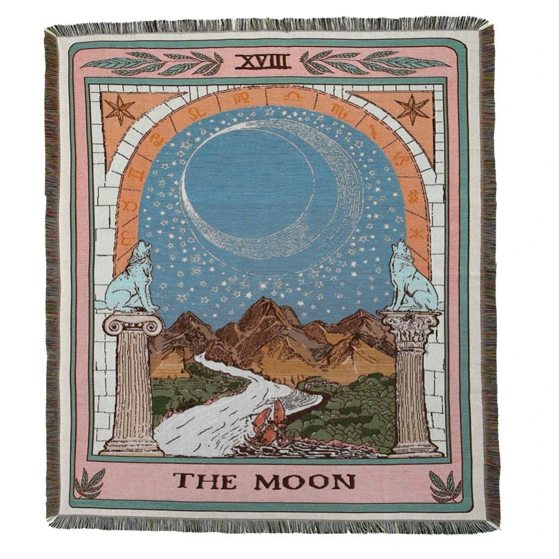 The Moon Tarot Jacquard Throw Blanket Vintage Sun & Star Celestial Woven Tapestry Bohemian Mystical Astrology Fringe Throw