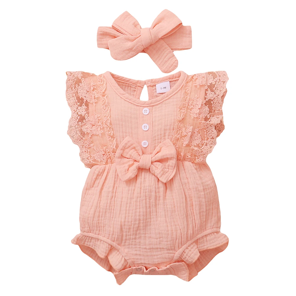 2pcs/set Newborn Baby Girls Cute Bow Romper Summer Outfits Lace Ruffled Sleeve Jumpsuit Bodysuit+Headband Infant Clothes