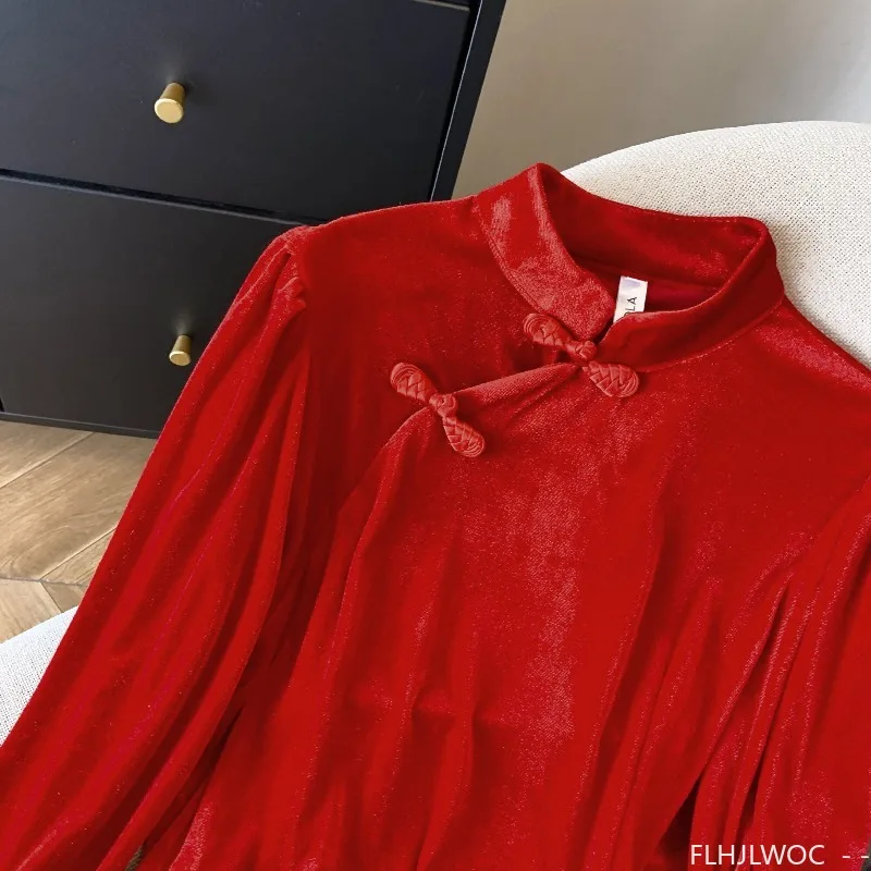 Nieuwjaar Kerstmis Rode Tops Blouses Vrouw Lange mouw Elegante dame Retro Vintage Knop Basics Shirts Opstaande kragen Ruches Top