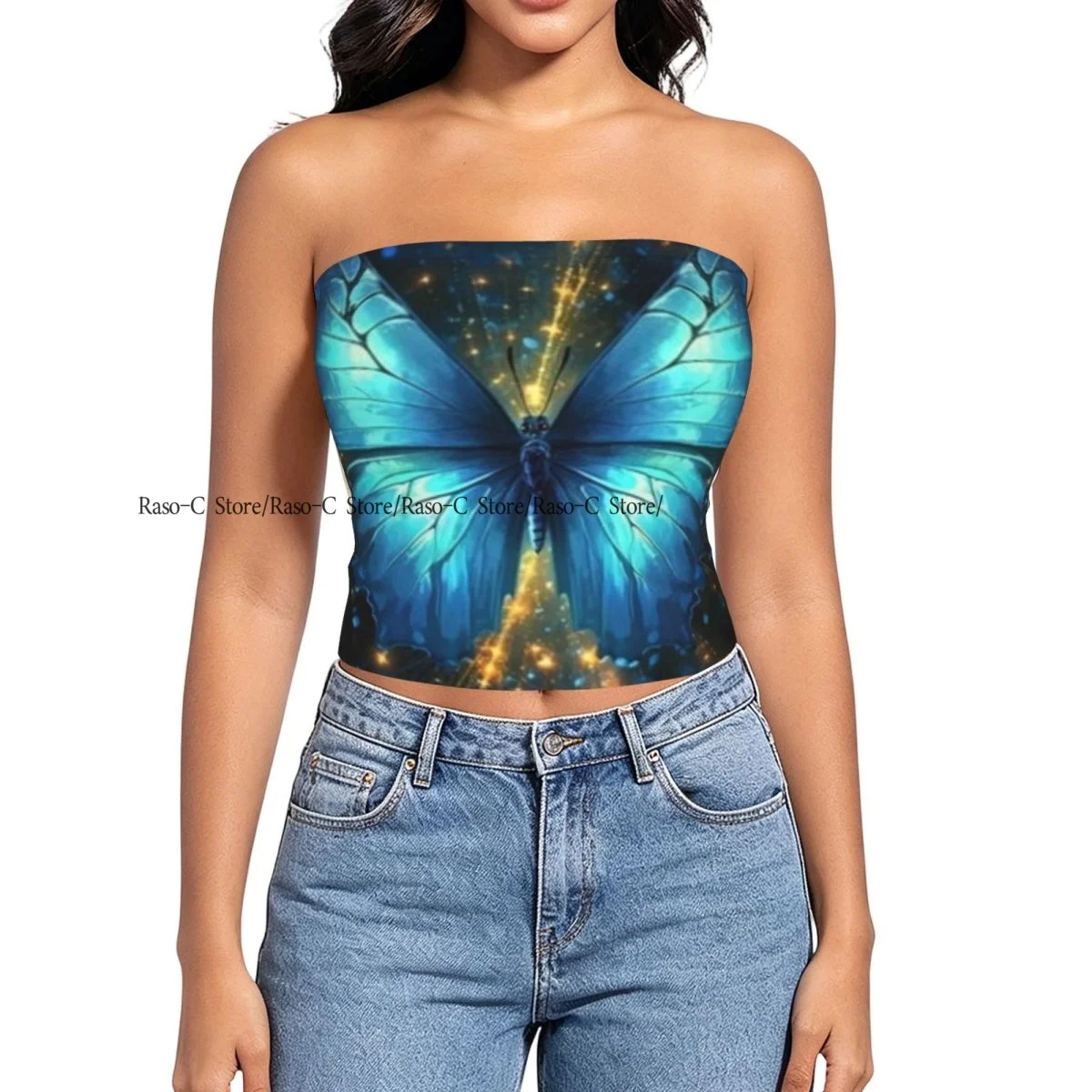 Women's strapless halter top Butterfly In The Space Fractal Art Background summer sexy short-sleeved top