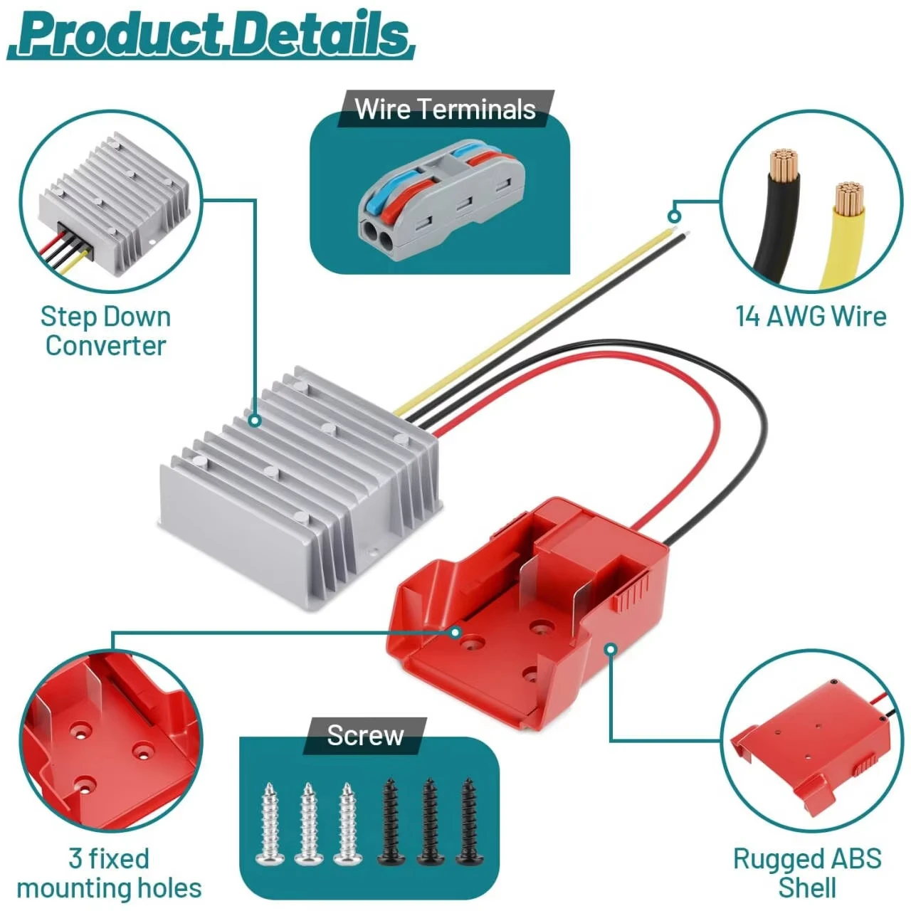 

For Milwaukee 18V Battery Adapter with DC-DC 12V 15A Buck Converter, for DeWALT Makita Ryobi Bosch 18V Lithium Battery
