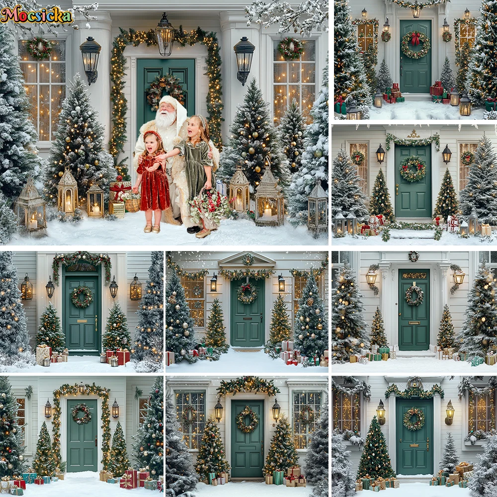 

Christmas Photography Background Vintage Green Door Snowflake Xmas Tree Lantern Backdrop Winter New Year's Eve Photozone Studio