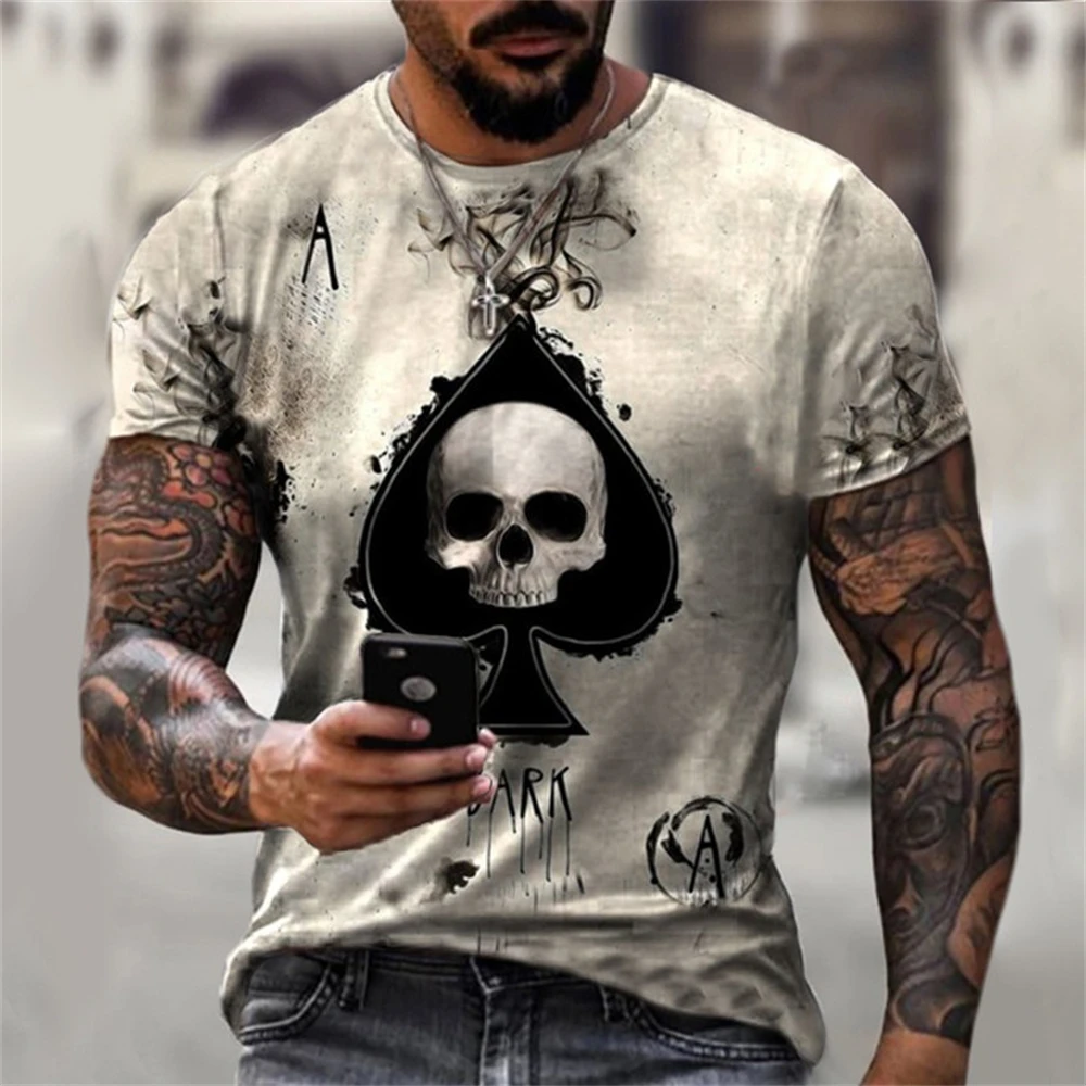 2024 Summer Anime Men\'s T-shirts Street Punk Poker Ace of Spades Clothes 3D Printing Street Fashion Oversize Short-Sleeved Shirt