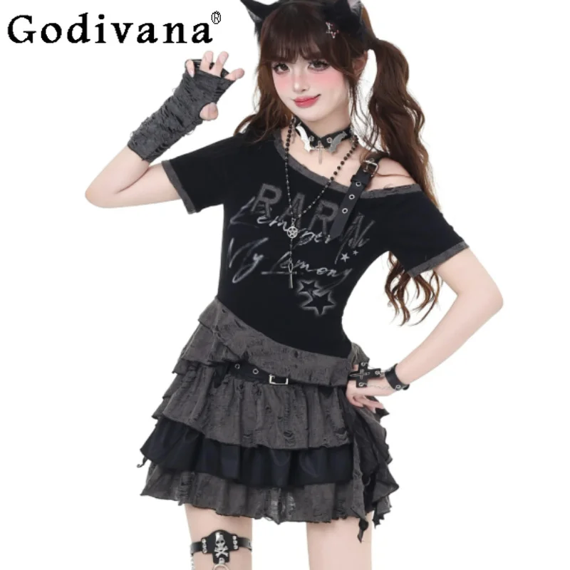 Summer Japanese Subculture Off-the-shoulder Chic Ripped Slim T-shirt Sweet Cool Girl High Waist A-line Irregular Cake Skirt