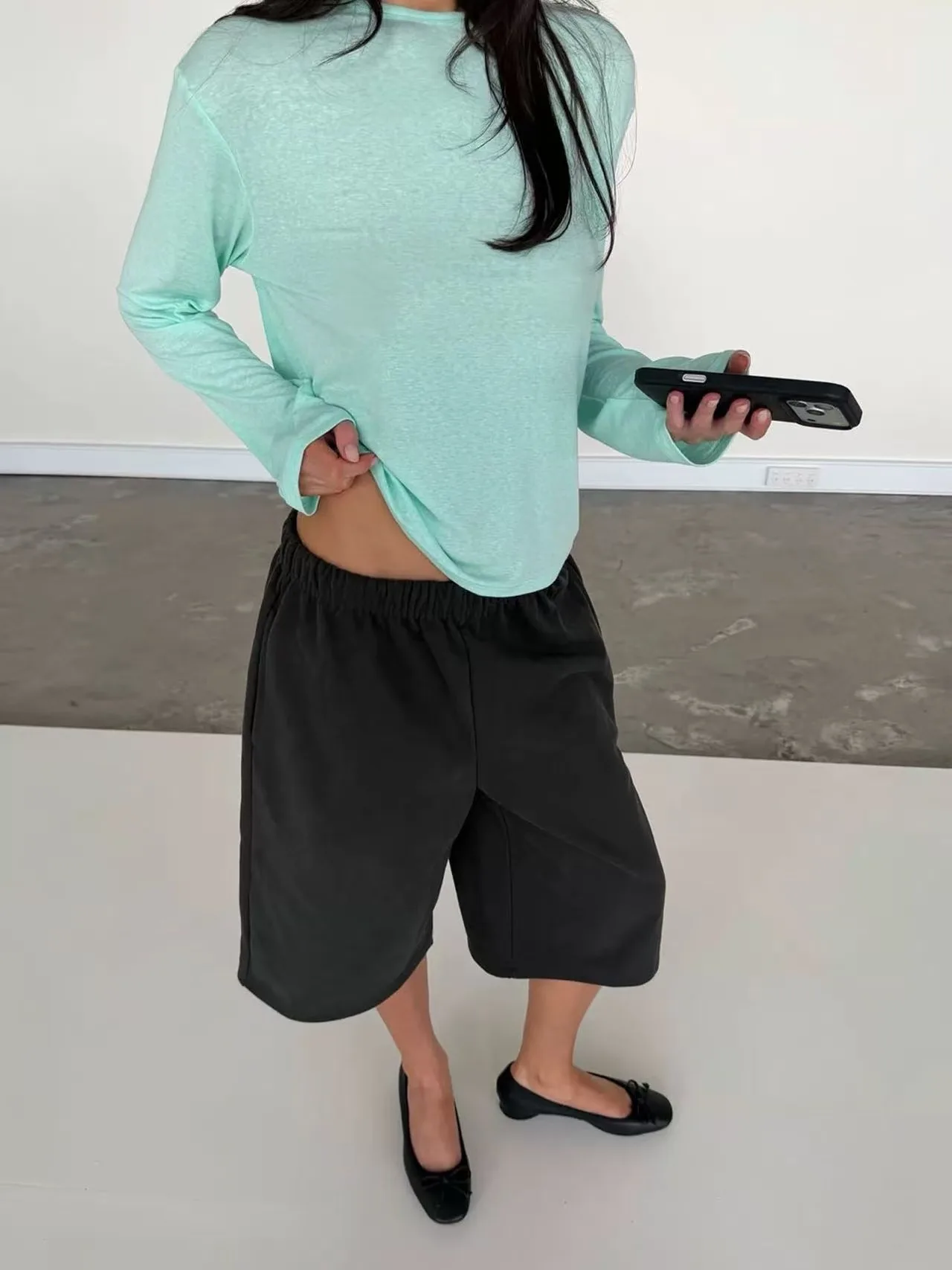 ON Mint Green Crew-Neck Long-Sleeve Linen Top Lilac Structured-Shoulder Relaxed-Fit Style Women's Casual Top