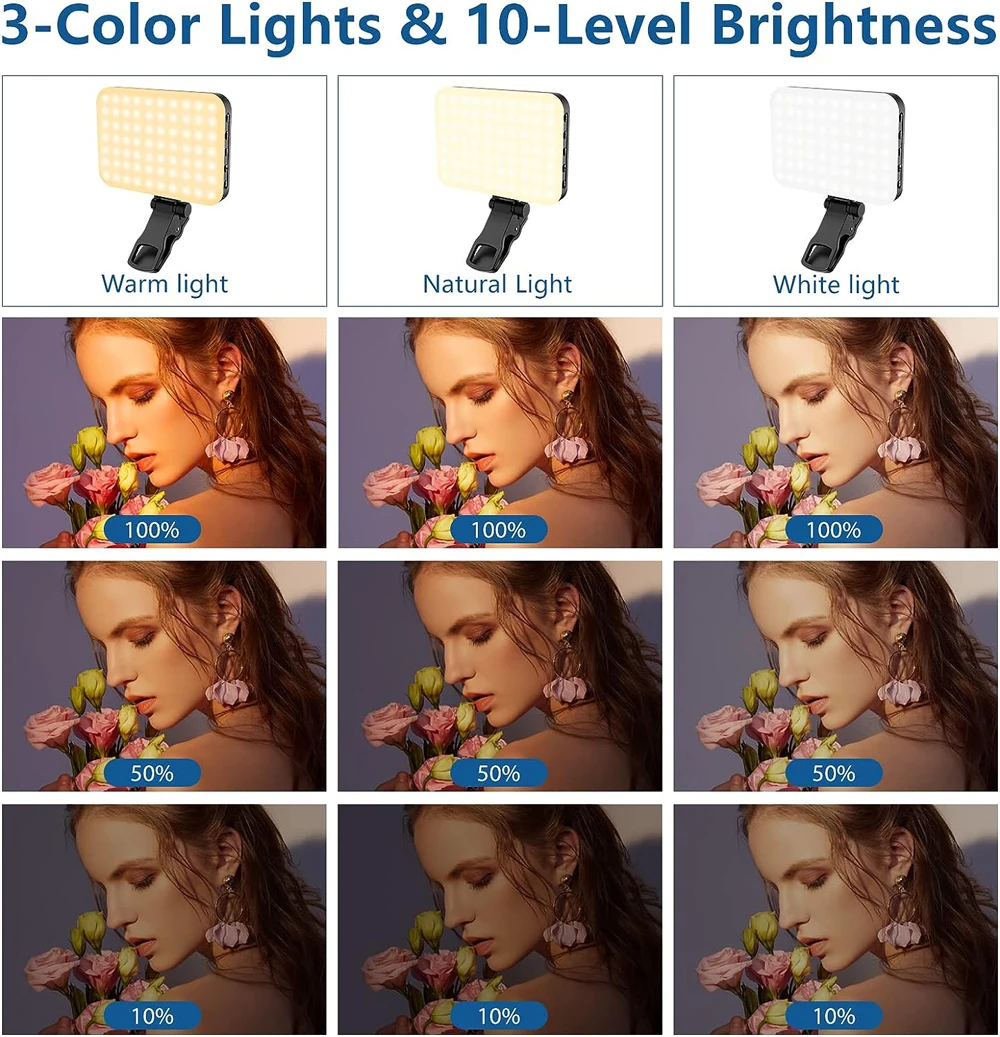 60 LED Selfie Light 2200mAh Rechargeable Phone Fill Light 7 Modes 10-Level Brightness Portable Clip on Light for Camera Phone