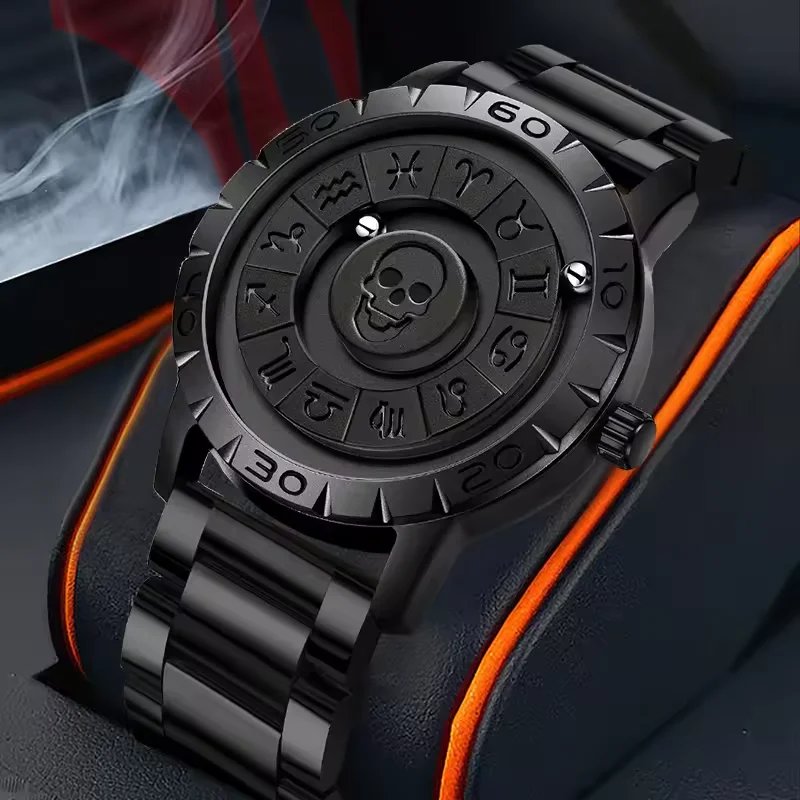 

Top Luxury Stainless Steel Alloy Skull Watch Rolling Pointer Magnetic Quartz Wristwatch Twelve Constellations Scale Dial Watch