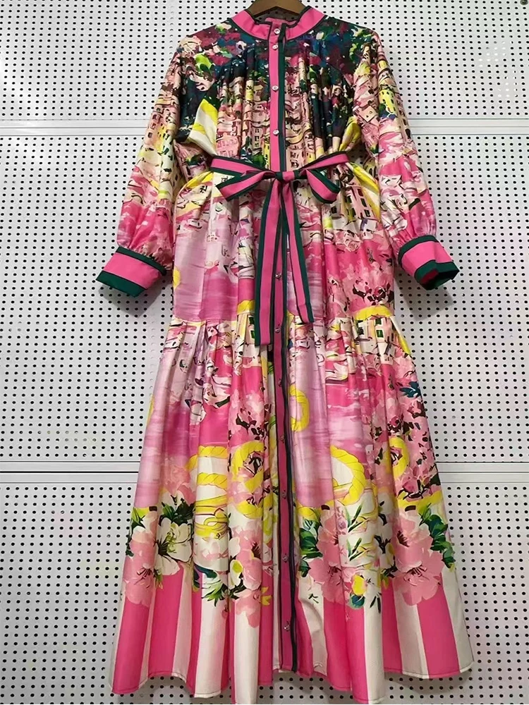 

Luxurious temperament stand-up collar single-breasted long-sleeved printed loose dress Spring new lace waist slim A-line skirt