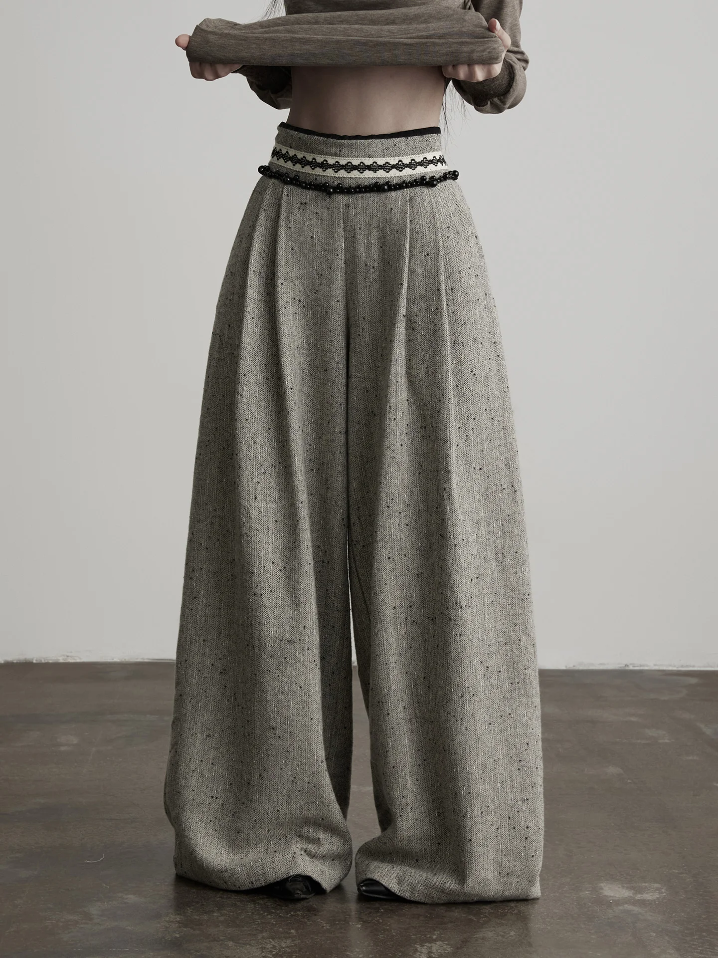 

Шерстяные брюки Indue ey с широкими штанинами, А-силуэт, повседневные, свободного кроя, женские, с высокой талией, эластичные, с деталями из шерстяной смеси