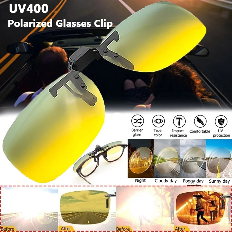 UV400 Day Night Vision Driving Clip on Sunglasses Flip Up Anti Glare Sun Glasses Clip Lens Polarized Lens Glasses Goggles Clip