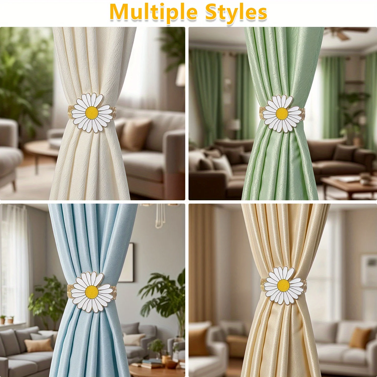 大きなデイジーの金属カーテンフック2個、リビングルーム、寝室、書斎の装飾に最適、耐久性とファッショナブルなカーテン固定