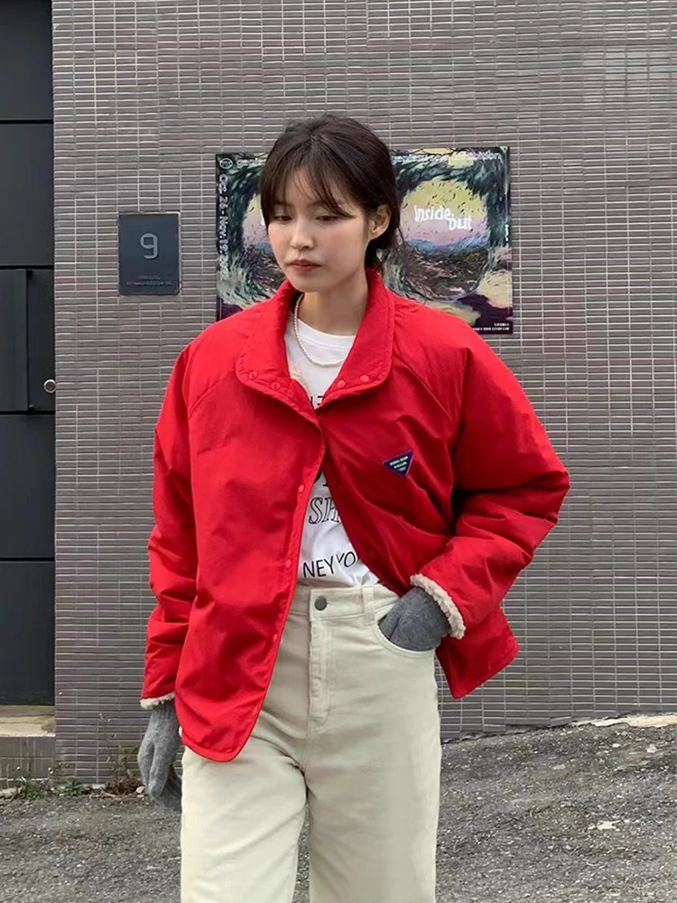 

Chic Autumn Winter Double-Sided Wear Lamb Fur ort Coat Women's Long Sve Retro ket Color Blo Versatile Korean Sle