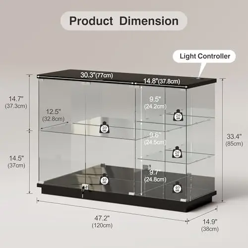 High Gloss Glass Display Cabinet with Lock & LED Light for Toys, White | Curio Cabinet with Human Body Sensor & Glass view 2