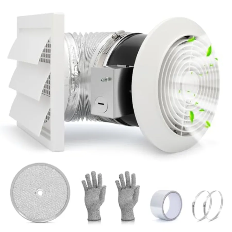 

512M Bathroom Exhaust Fan 6 Inch Wall Mounted Kitchen Exhaust Fan with White Grille 80 CFM 4.0 Sones 15-Inch Retractable Duct G