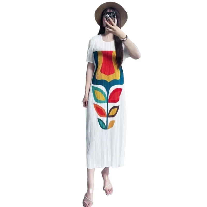 

Miyake Pleated Skirt for Women 2024 Summer New Fashion Printed High-end Casual Short-sleeved V Neck Pleated Mid-length Dress