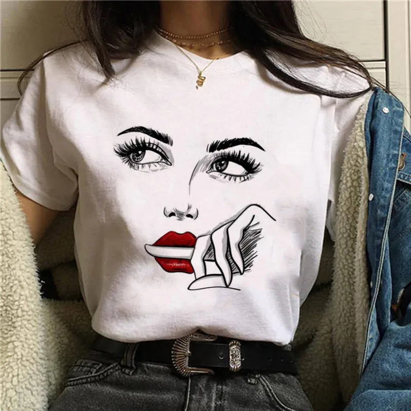 Europe and The United States Fashion Face Sexy Lines Face Printed Short-sleeved T-shirt Personality Women's Undercoat Tops