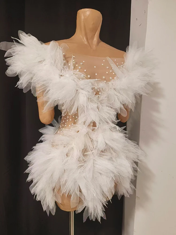 

White Tulle Pearl Beaded Sheer Mesh dress Party Nightclub stage dress women DJ Model GOGO Sexy party gown performance costume