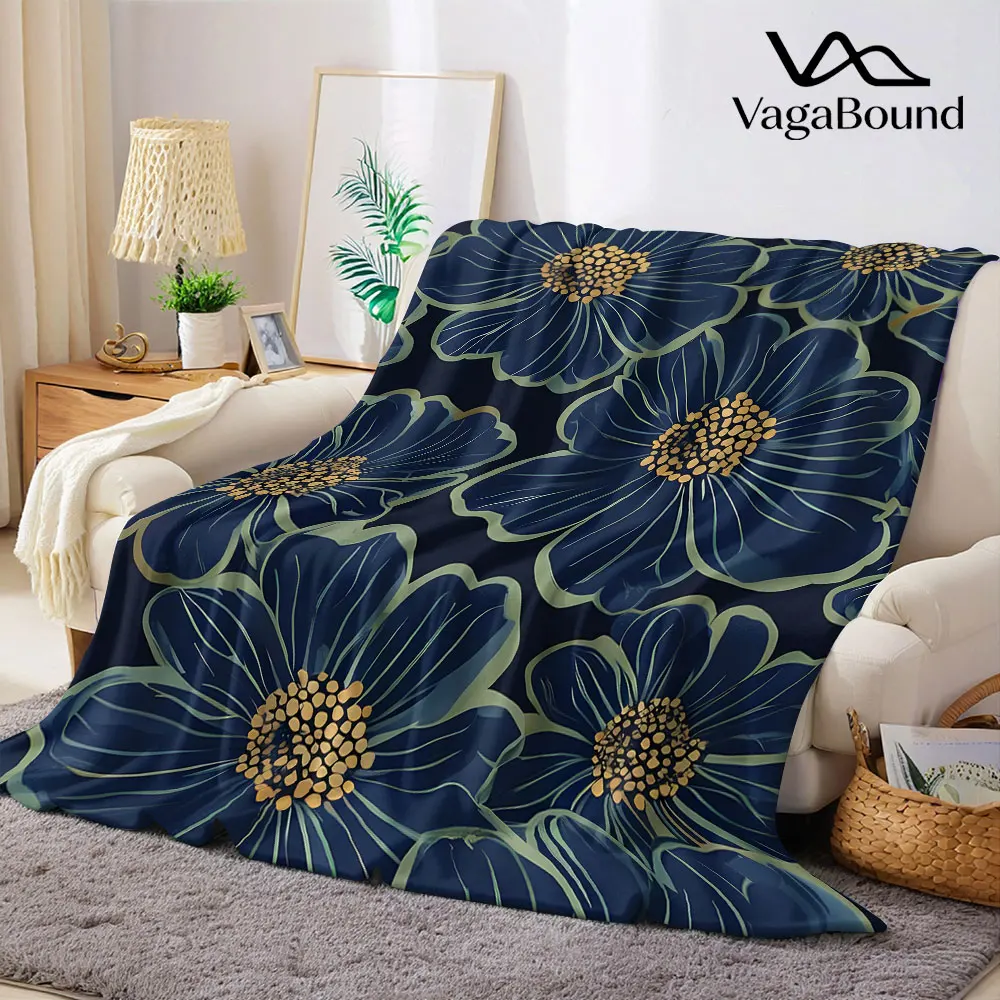 navy blue gold flower Flannel Blanket Warm Soft Halloween Christmas Decorative Couch Warm Cozy All-Season Gift
