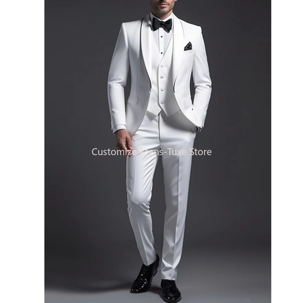 

White Men's Suits Shawl Lapel Wedding Outfits Elegant Groom Blazer Luxury 3 Piece Jacket Pants Vest High Quality Outfits Terno