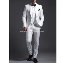 Ternos de casamento brancos masculinos, roupas de lapela xale, blazer elegante do noivo, jaqueta luxuosa de 3 peças, calça, colete, alta qualidade Terno