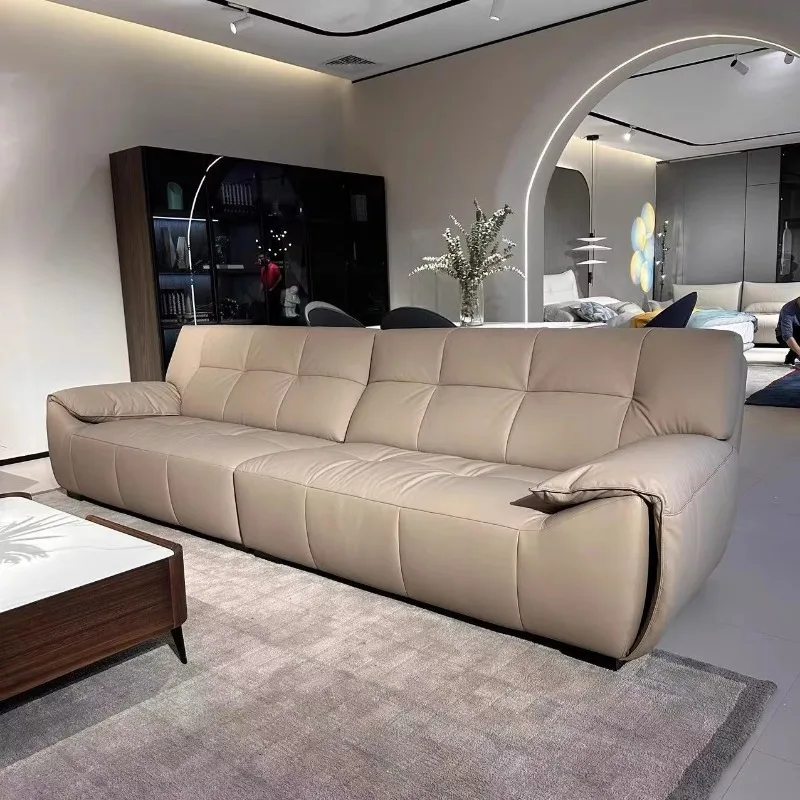 

Leather sofa first layer cowhide living room small apartment Nordic modern simple light luxury three people