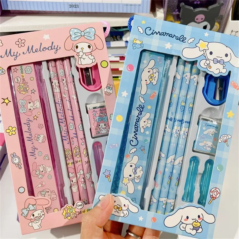 

Sanrio My Melody Stationery Set Pencil Eraser Ruler Kawaii Kuromi Cinnamoroll Painting Primary School Supplies Student Kid Gifts