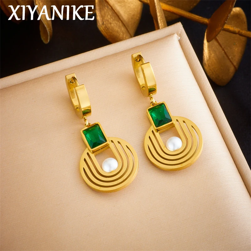 XIYANIKE 316L Stainless Steel Gold Color Round Charm Turquoise Pendant Earrings For Women Luxury Wedding Banquet Jewelry Gifts