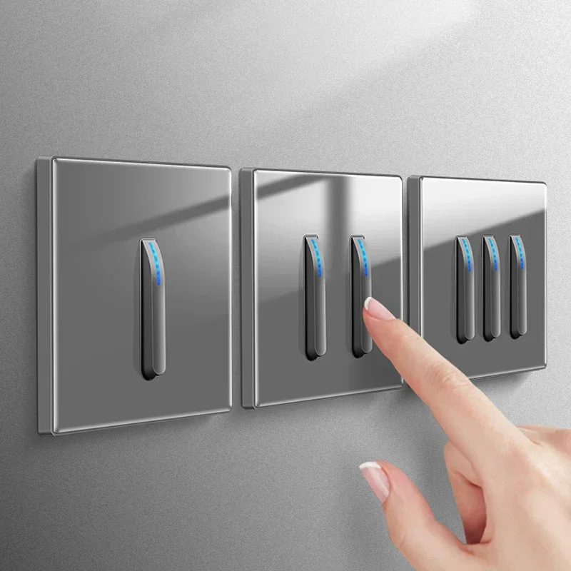 

Wall Light Switch Panel Tempered Glass International Switch Self-reset 1/2/3/4 Gang 1/2 Way LED Indicator Piano Key Wall Panel