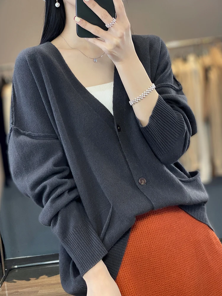 2024 Basics Autumn Winter Women Sweater 100% Merino Wool Solid Knitwear V-Neck Pockets Cardigan Long Sleeve Cashmere Outerwear