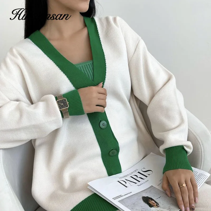 Hirsionsan Spring Autumn Patchwork Knit Cardigans Women 2023 New Single Breasted Vintage Korean Sweaters Female Outwear Clothes