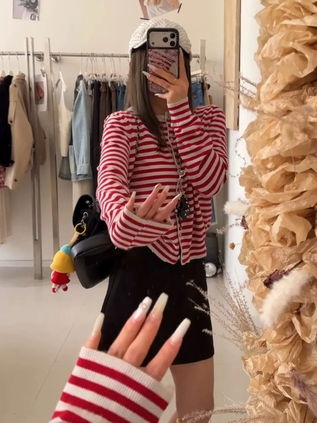 Korean Style Loose Long Sleeve Knitted Sweater Women's Short Cardigan Red Stripe Slimming Top for Autumn Spring Winter
