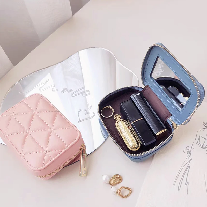 Woman Cowhide Cosmetic Bag Genuine Leather Portable Mini Lipstick Case Mirror Luxury Fashion Keyring Zipper Makeup Organizer