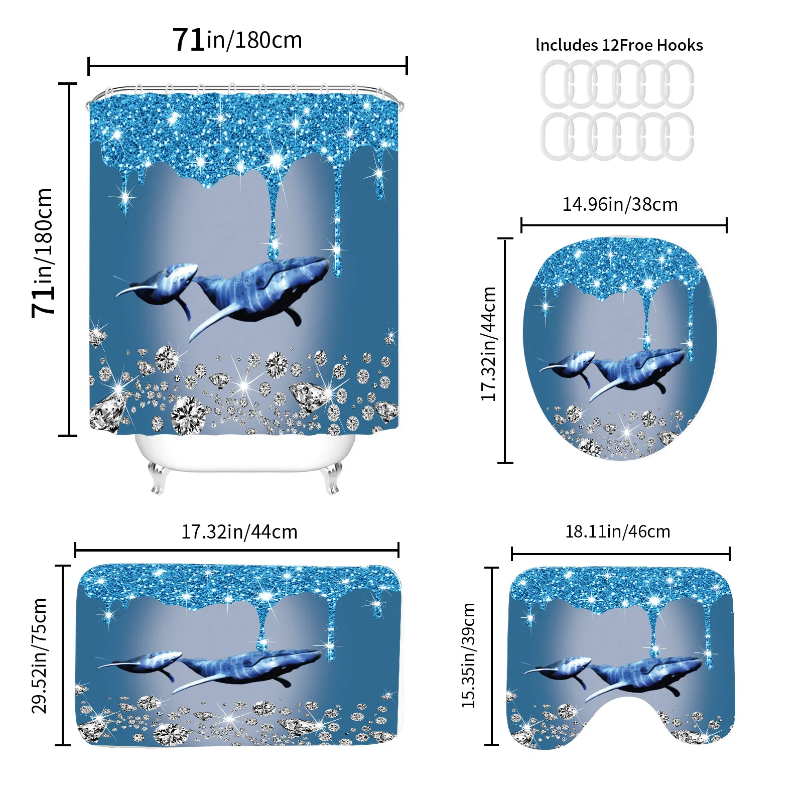 1PC/4PCS Bathroom shower curtain set, Blue Diamond Shark Shower curtain set, non-slip bath mat Shower curtain set with shower cu